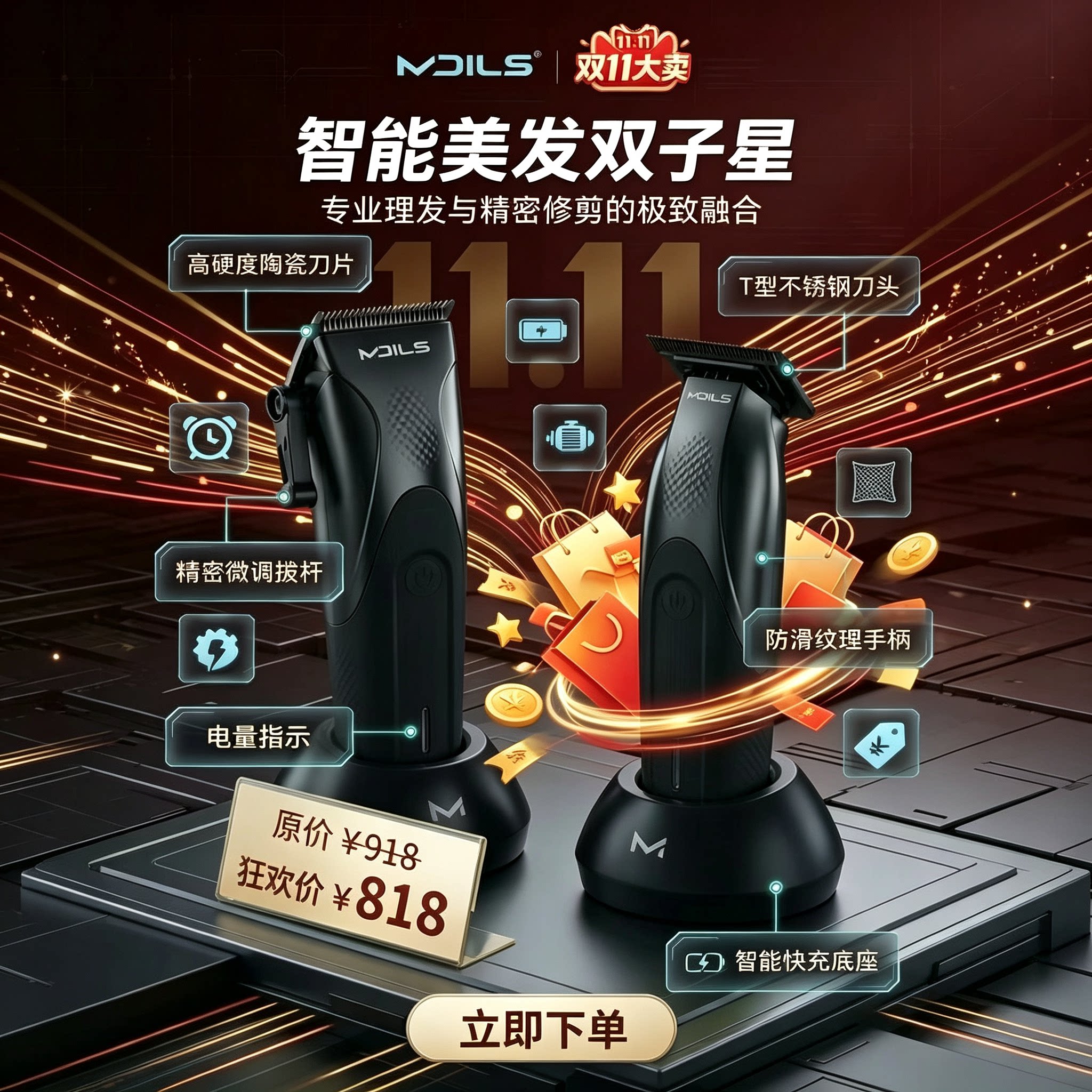 新款麦迪尔斯无刷理发器电推剪家用推子自剃光头神器油头发廊专用