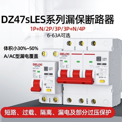 德力西漏电保护器小体积DZ47SLES2p63A家用漏保断路器空气开关1PN