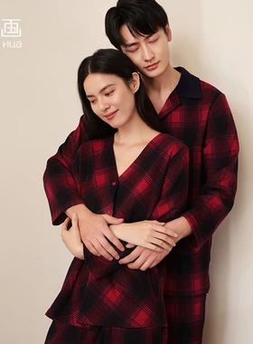 宽画艺术格纹红色情侣男女家居服96778秋冬纯棉休闲V领睡衣96828