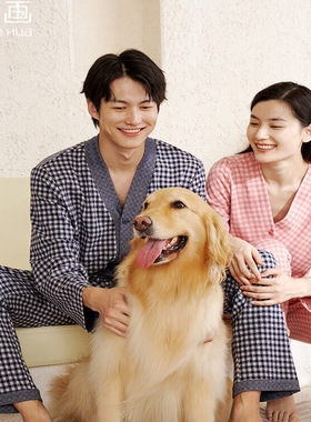 宽画经典V领格子男女情侣睡衣96002秋冬休闲舒适家居服套装96006