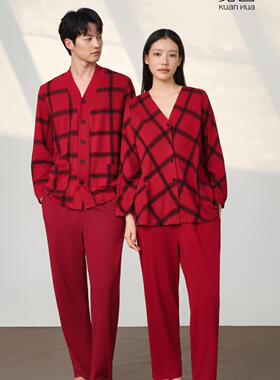 宽画自然象限系列98100情侣秋冬红色格子开衫睡衣家居服套装98096