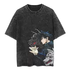 Jujutsu Kaisen European and American Cross-Border Washed Vintage Five-Quarter Sleeve T-Shirt American Retro Anime Short-Sleeve T-Shirt