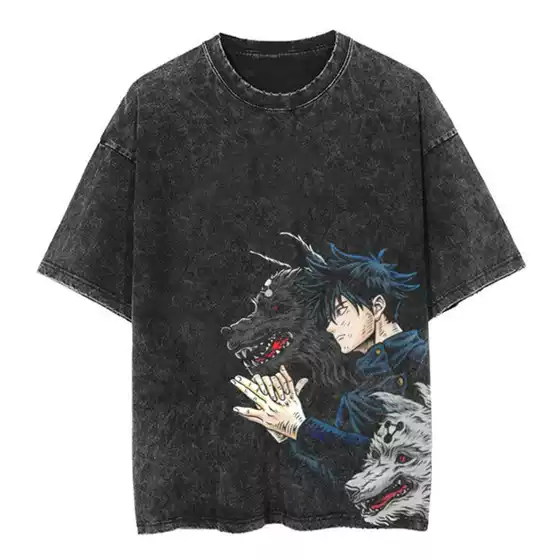 Jujutsu Kaisen European and American Cross-Border Washed Vintage Five-Quarter Sleeve T-Shirt American Retro Anime Short-Sleeve T-Shirt