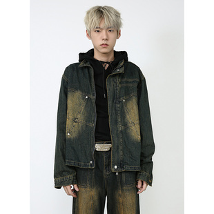 美式复古春秋高级感绣土色牛仔外套男痞帅炸街宽松休闲夹克上衣潮