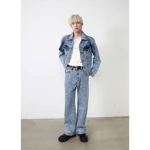 套装 牛仔外套男宽松直筒水洗浅色牛仔裤 潮 港风复古短款 sicnhe美式