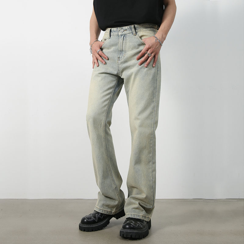 80年代港风复古怀旧百搭修身泥黄牛仔裤男宽松微喇叭宽脚阔腿潮牌