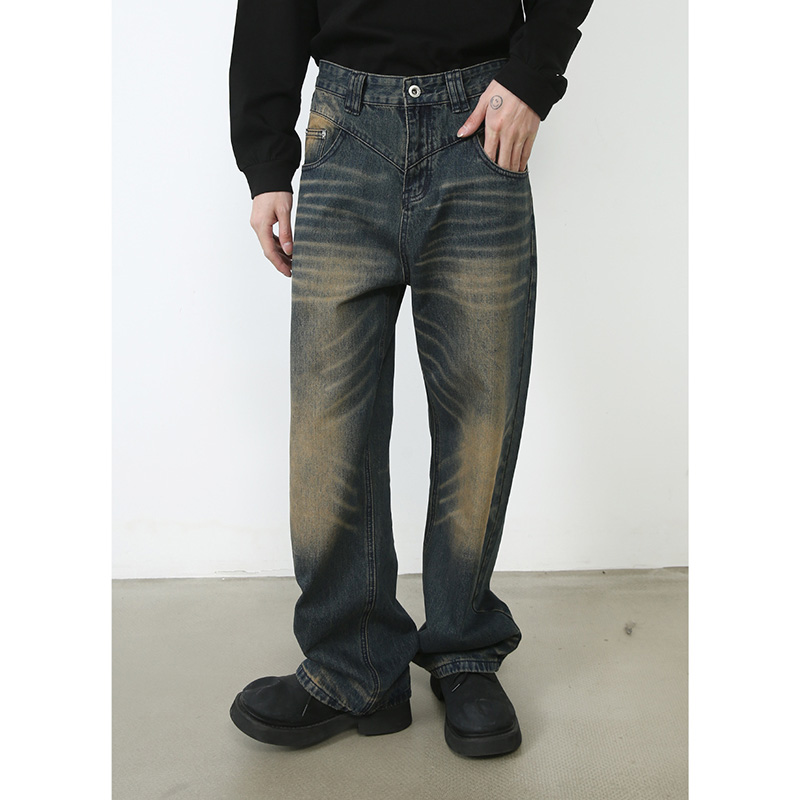 拉链长裤水洗四季猫须牛仔裤