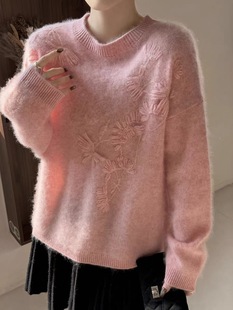 毛绒绒勾花立体花朵圆领甜美温柔气质设计感拉毛羊毛秋冬洋气百搭