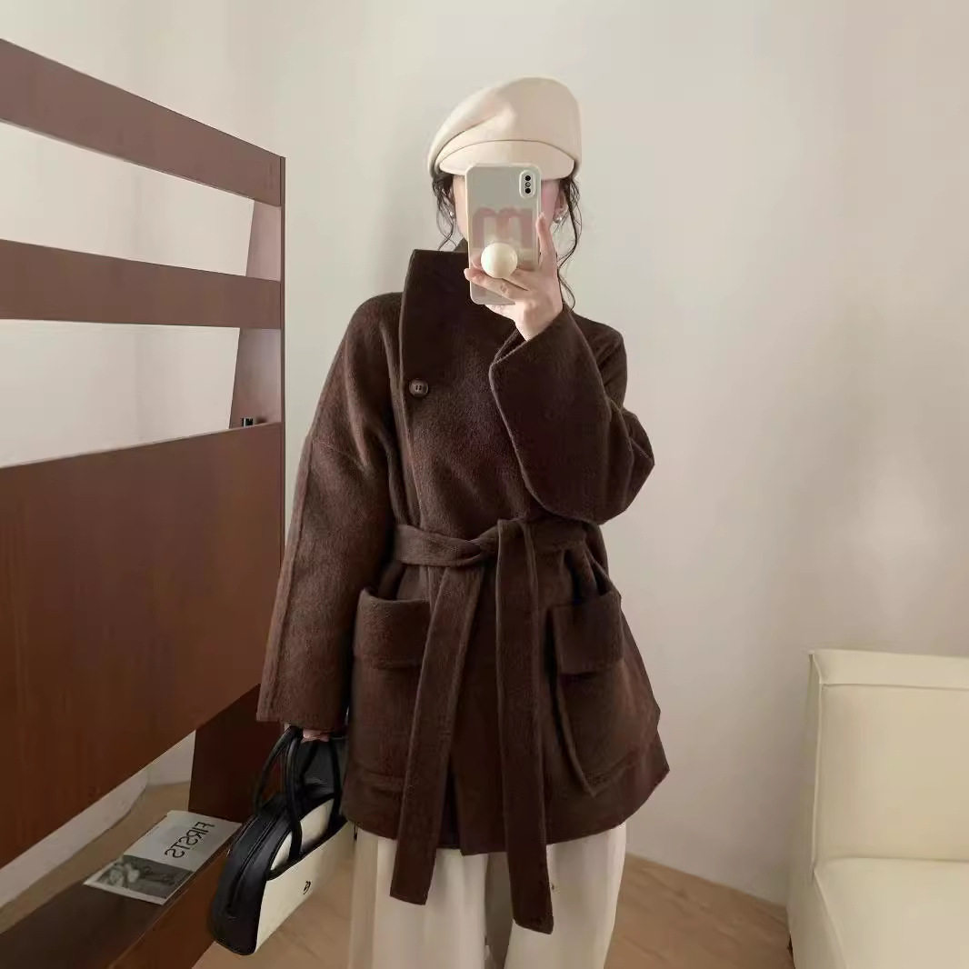 韩版中款咖啡色双面羊毛大衣女2024冬新款高端羊毛小个子毛呢