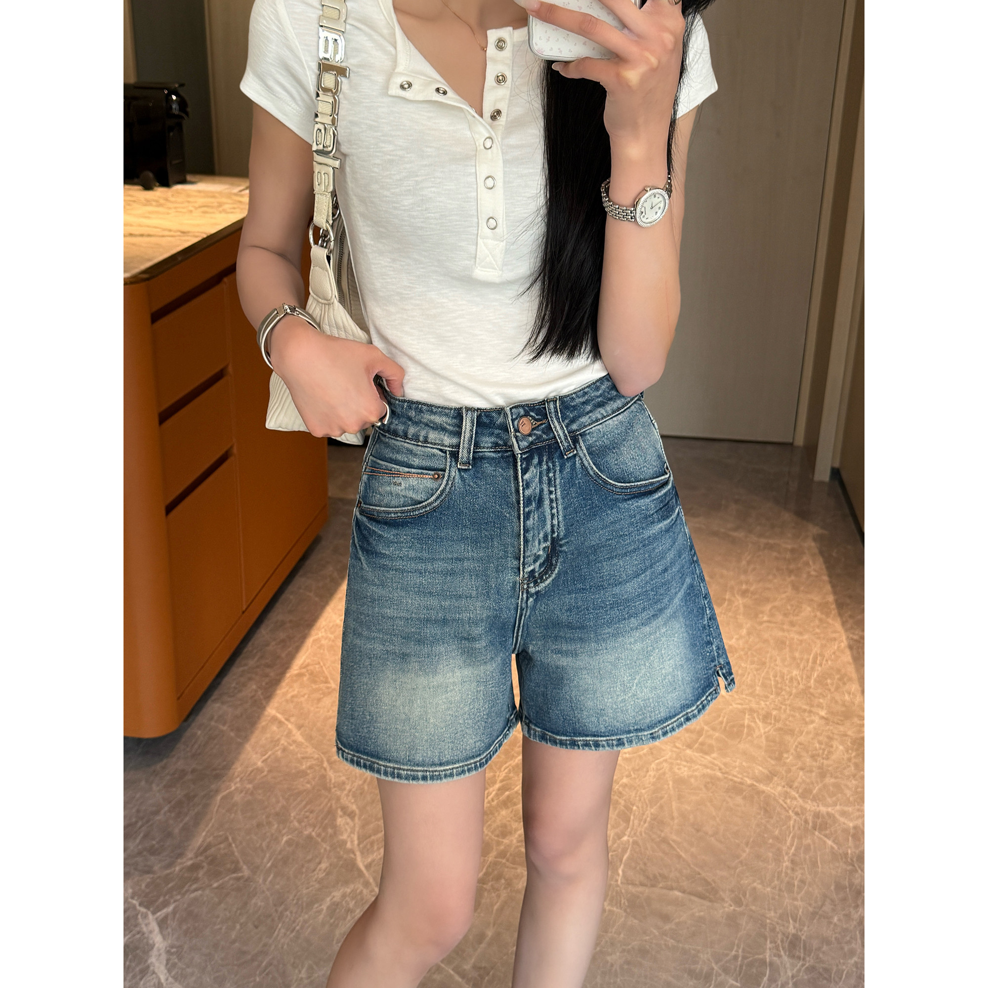 大码胖MM女装韩系辣妹牛仔裤女夏季薄高腰弹力小个子百搭四分短裤