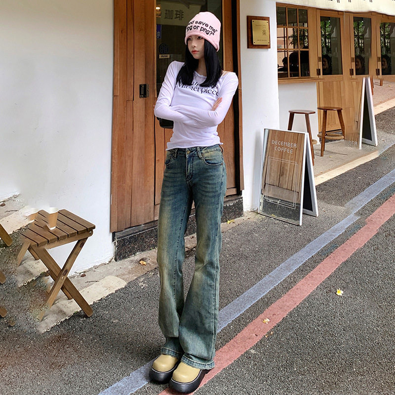 美式辣妹做旧低腰微喇裤女2025年新款修身显瘦百搭垂感喇叭牛仔裤