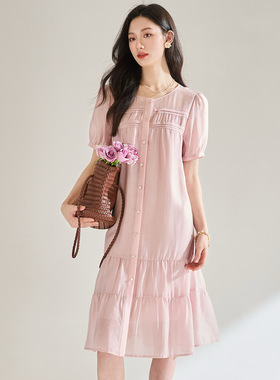 盛宏夏季气质通勤风优雅雪纺裙天丝短袖高腰连衣裙18839