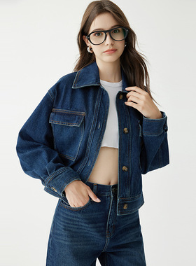 2024牛仔短外套女休闲长袖单排扣时尚深蓝翻领百搭外套潮御姐风