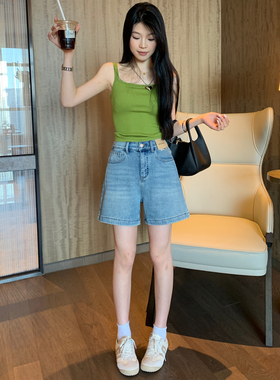 大码PMM女装辣妹牛仔裤女夏季薄款松紧腰弹力小个子百搭四分短裤