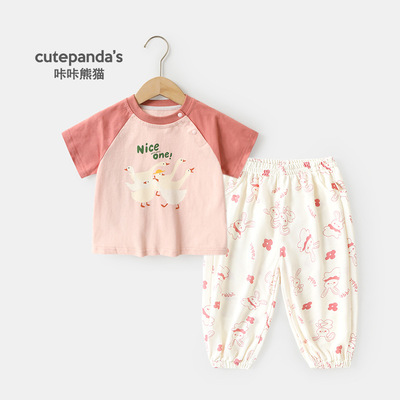 咔咔熊猫女童套装夏两件套女宝短袖儿童夏季休闲防蚊裤宝宝童装