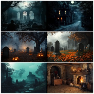 万圣节恐怖南瓜头月亮黑夜古城堡害怕蝙蝠坟地墓碑浓雾装饰背景布