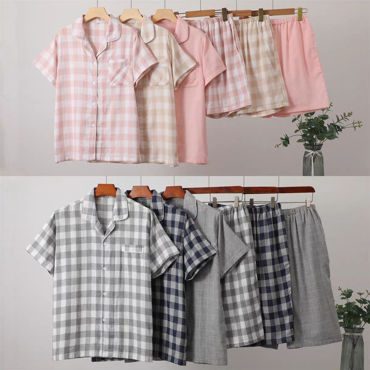 无印睡衣男款夏季纯棉短袖短裤纱布情侣家居服女士套装休闲可外穿