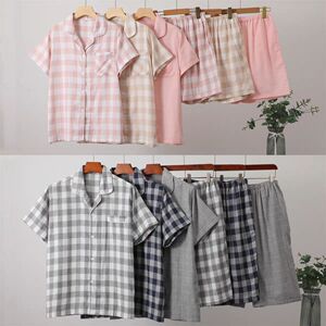 无印睡衣男款夏季纯棉短袖短裤纱布情侣家居服女士套装休闲可外穿