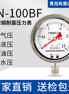 布莱迪304不锈钢耐震压力表YNB100抗震防腐水压气压耐高温16-25kg