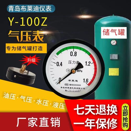 青岛布莱迪仪表Y-100Z轴向压力表储气罐用气压表M20/M14厂家直销