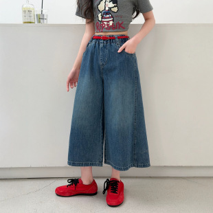 女童牛仔裤夏2026新款中大童复古宽松七分裤韩版薄款松紧腰阔腿裤