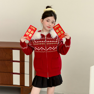 女童红色毛衣秋冬2026新款中大童连帽加厚针织衫韩版提花新年上衣