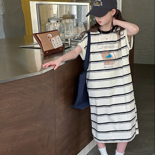 女童条纹连衣裙夏装 印花T恤裙子纯棉针织长裙9 2025新款 中大童短袖