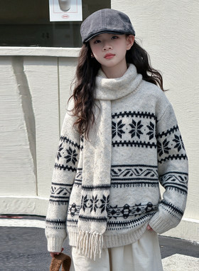 女童围巾毛衣加厚秋冬提花针织衫