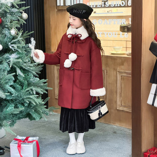 女童呢大衣加绒秋冬装2024新款中大童毛领外套中长款盘扣年服加厚