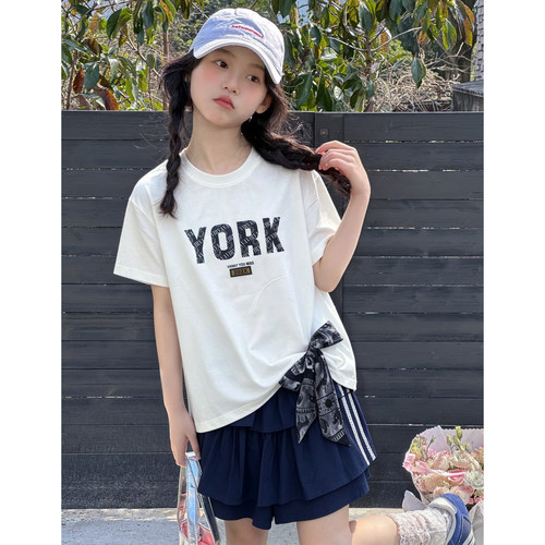 女童夏季字母T恤蝴蝶结裙裤套装