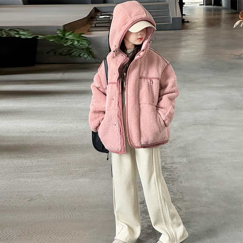 女童加厚秋冬连帽棉服羊羔绒外套