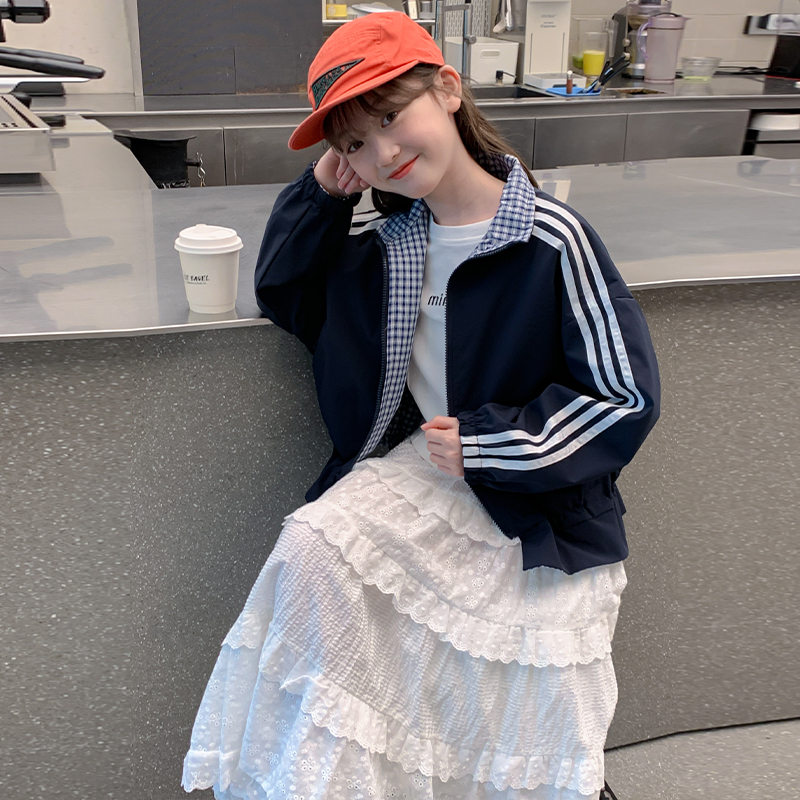 春秋立领格子外套韩版两面穿夹克