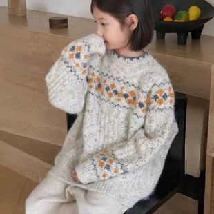 女童费尔岛毛衣加厚秋冬款中大童圆领套头衫慵懒风复古提花针织衫