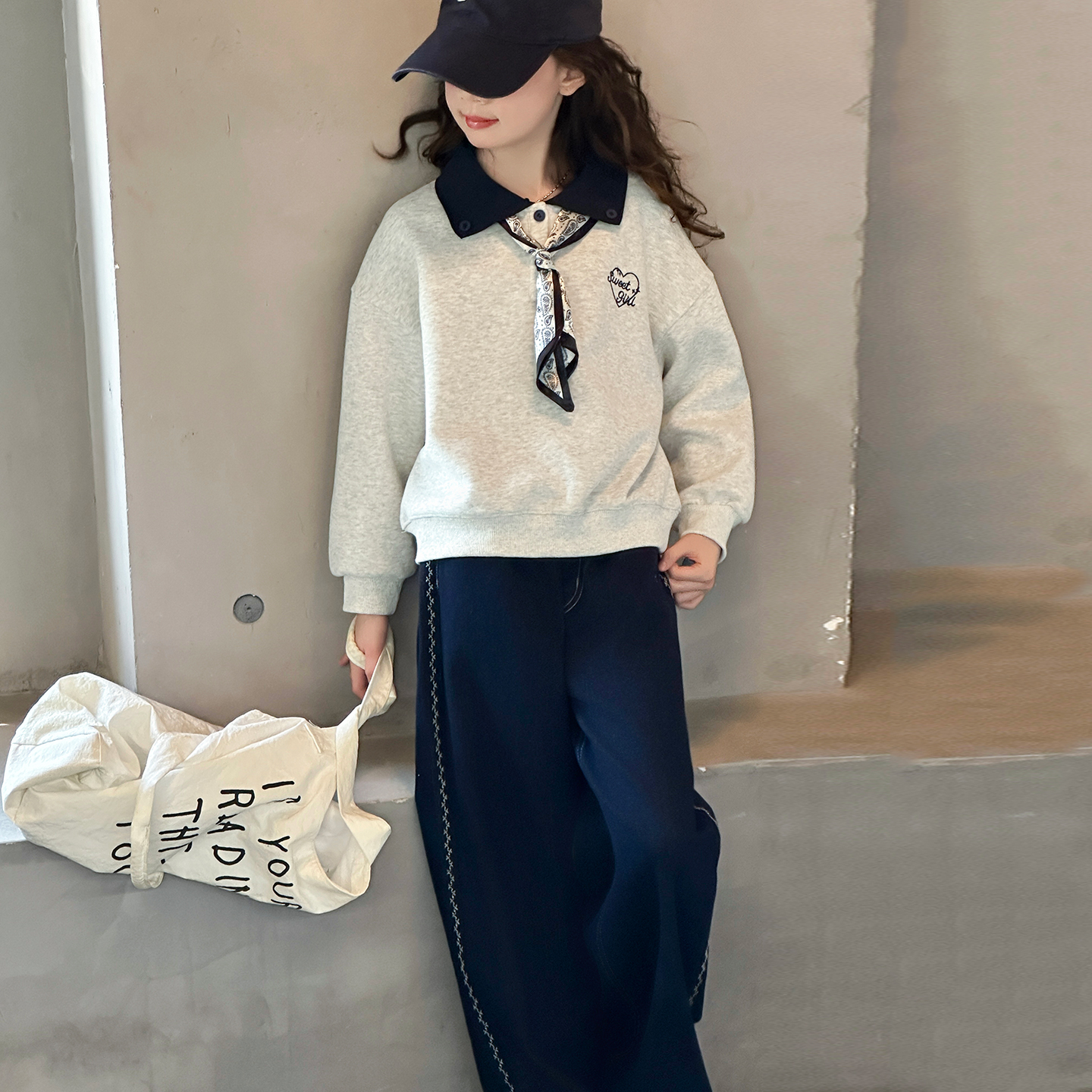 女童卫衣春秋2025新款中大童翻领刺绣上衣韩版宽松纯棉套头衫洋气