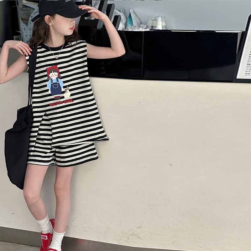 女童条纹套装夏季2025新款中大童印花无袖上衣纯棉短裤两件套洋气
