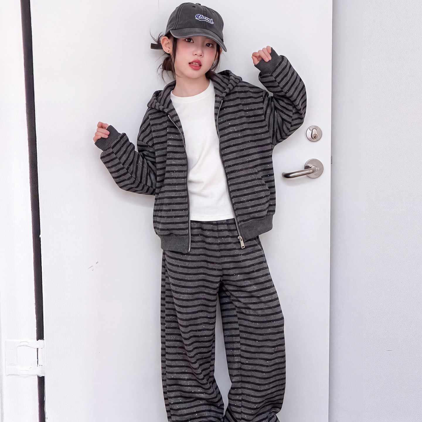 休闲两件套春秋条纹套装连帽卫衣