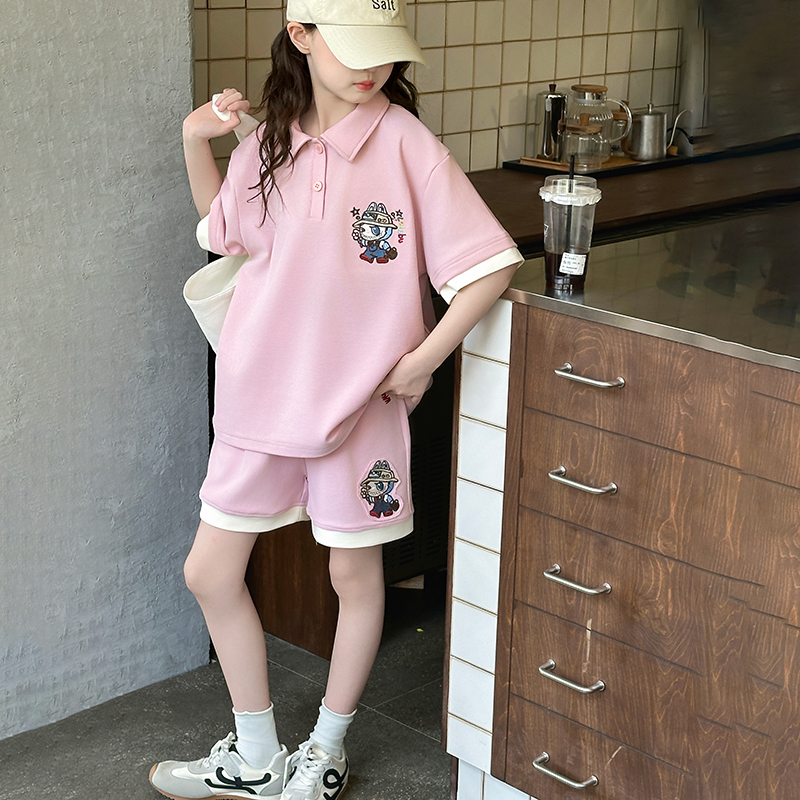 女童休闲套装夏季新款儿童卡通刺绣polo衫短袖上衣纯棉短裤两件套