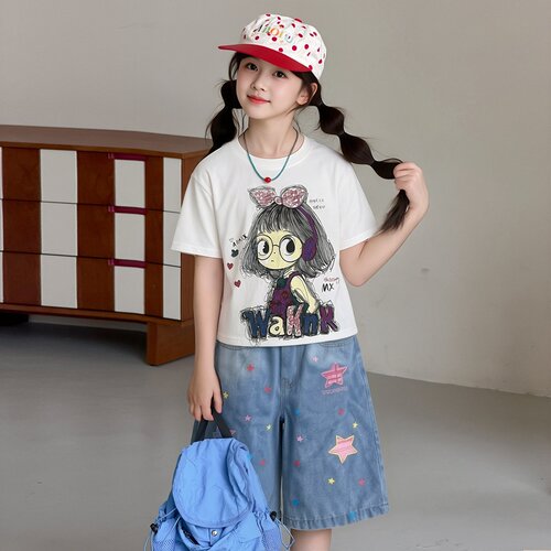 女童套装夏季短袖牛仔中裤两件套