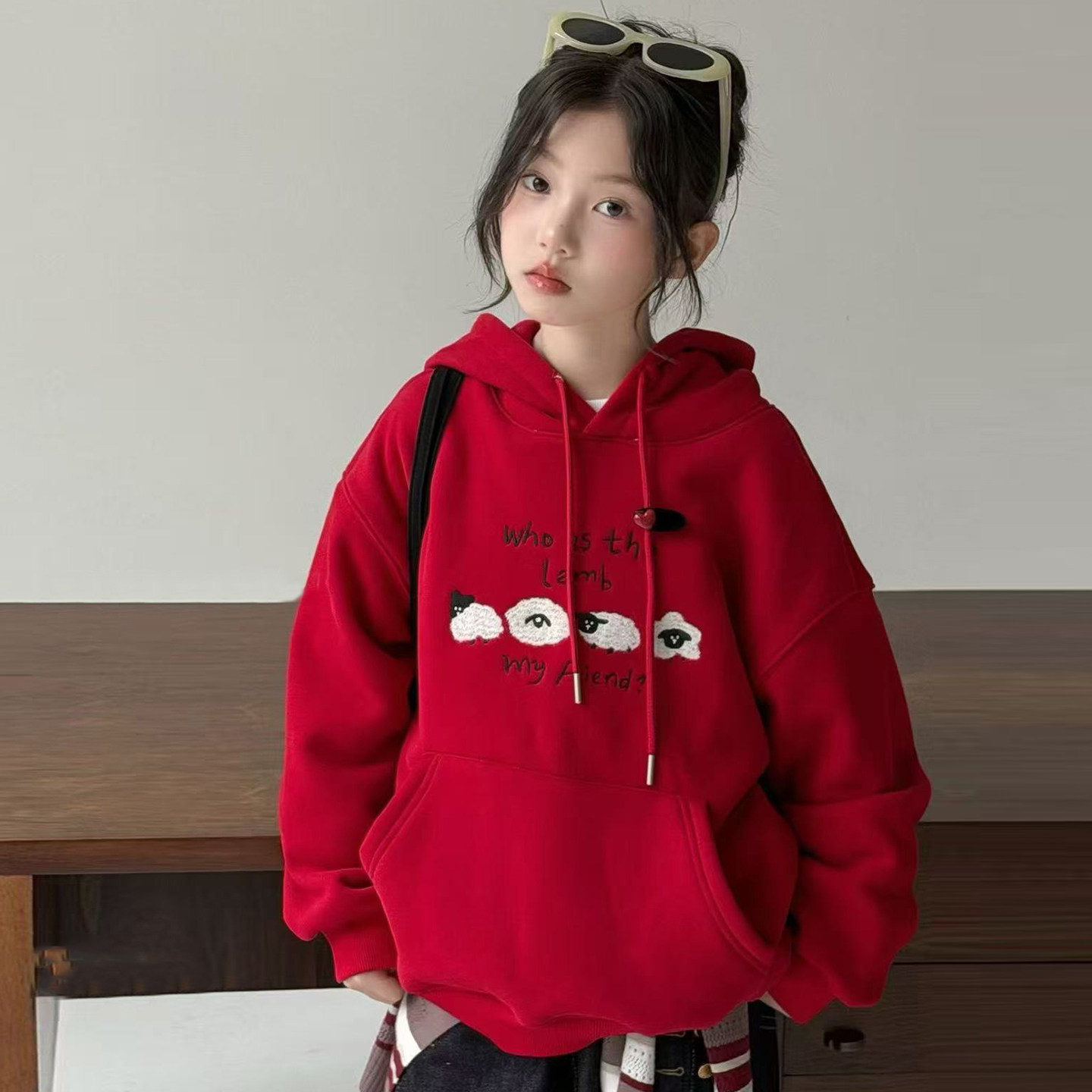 女童连帽卫衣加绒秋冬款红色外套
