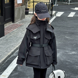 女童冲锋衣加绒秋冬2025新款中大童连帽外套夹棉厚中长款收腰风衣