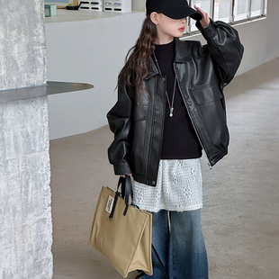 女童皮衣春秋2025新款中大童拉链外套翻领上衣洋气韩版黑色皮夹克