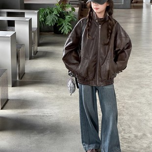 中大童立领复古外套洋气宽松拉链衫 女童美拉德皮衣春秋装 2026新款