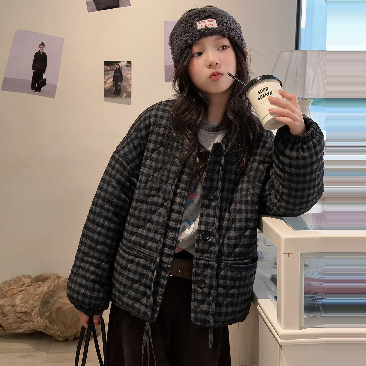 女童棉服秋冬装2026新款中大童格子夹棉外套韩版加厚棉衣保暖洋气