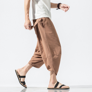 夏季日系大码宽松条纹七分裤男风亚麻哈伦裤复古休闲裤K14P30