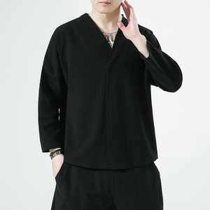 春夏风七分袖T恤男潮流中式汉服潮流V领半袖t恤衫上衣AC03P25图片