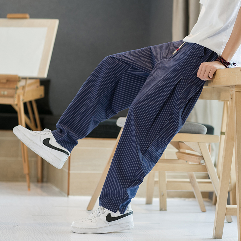 2025春夏九分裤男风棉麻条纹阔腿裤潮流大码灯笼裤子K75P45，男装休闲裤，星座220-2