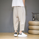 夏季风条纹七分裤男日系宽松哈伦裤子潮大码棉麻萝卜裤K96P40，男装牛仔裤，四季星座220-2