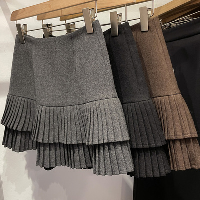 双层百褶短裙女2025秋冬新款韩版高腰显瘦毛呢半身裙子包臀a字裙