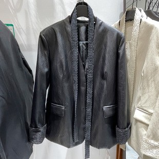 韩系休闲气质西服外套 2025新款 蕾丝飘带V领蛋白皮西装 皮衣女秋季