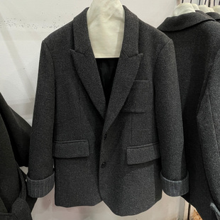 鹅绒内胆西装羽绒服女2025冬新款韩版老钱风气质竖条挽袖毛呢外套